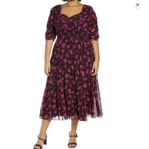 Asos Design Black Pink Floral Ruched Midi Dress Size 16 NWT